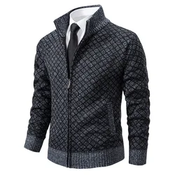 Autumn Men's Jacket Sweater Striped Checkered Zipper Style with Plush Fashionable Color Blocking Warm Knit Jacket Sweater