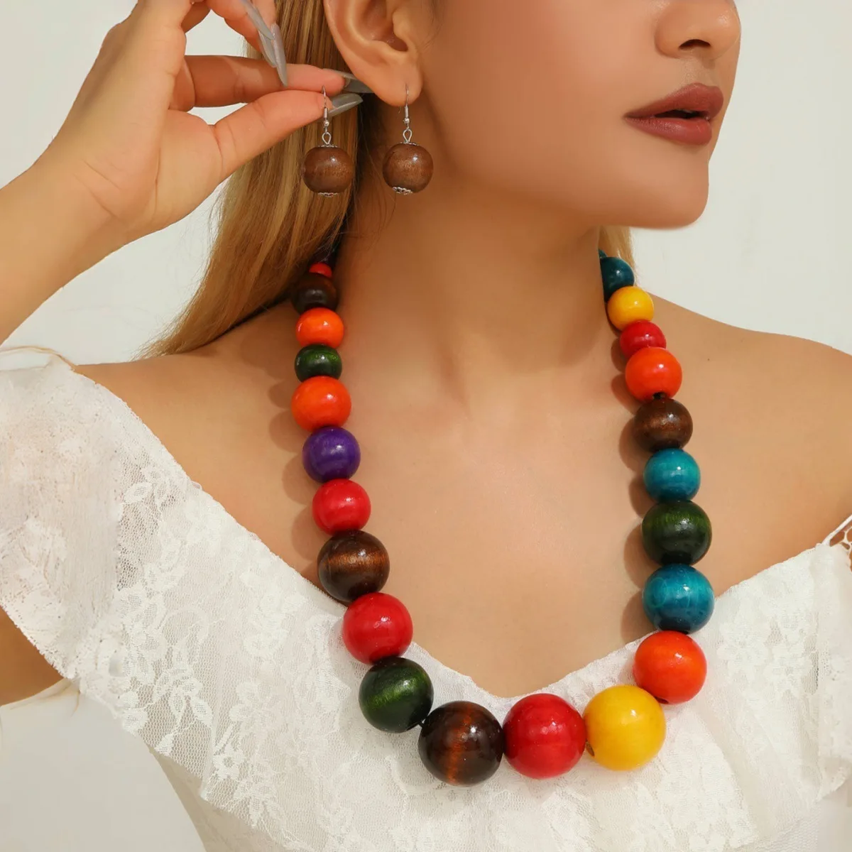 

African Style Jewelry Bohemian Vintage Colorful Large Wooden Beads Necklace Earring Set For Women Party Accessories