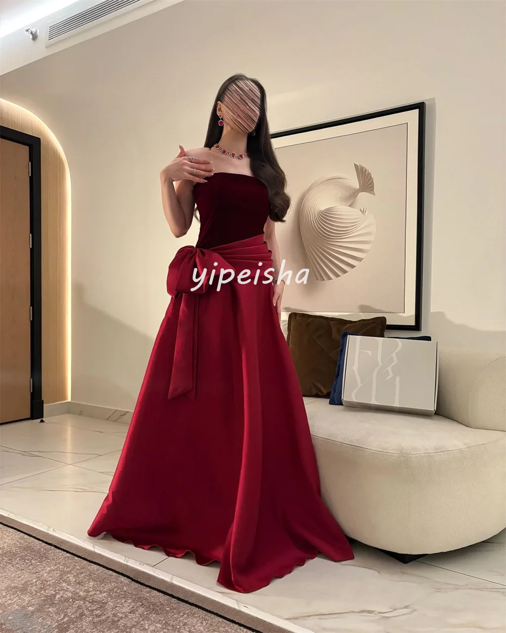 Aangepaste moderne stijl bijpassende plooi gedrapeerde strik A-lijn strapless lange jurken op maat gemaakte gelegenheidsjurken maten beschikbaar formeel