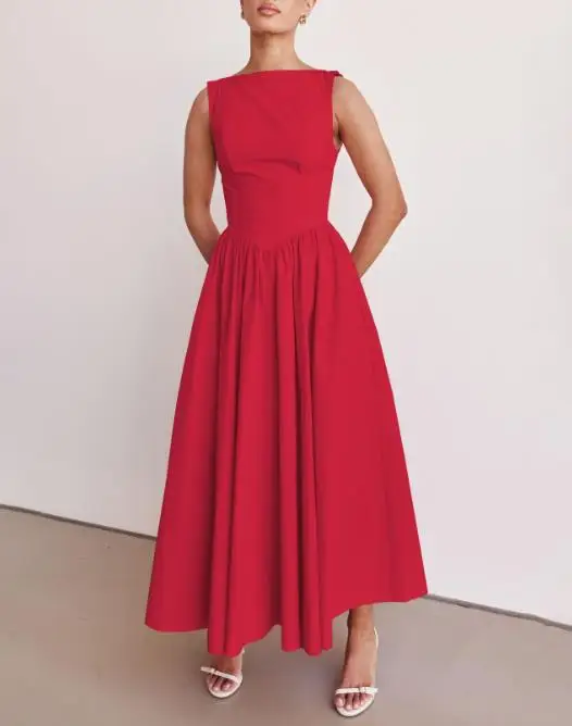 

Women's Elegant Red Sleeveless Pleated Dress Temperament Commuting 2026 Summer New Fashion Female Sexy High Waist A Line Dresses