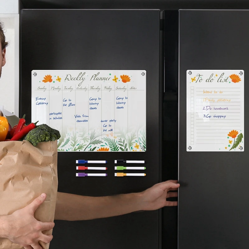 Tablero de notas de calendario planificador semanal acrílico magnético para refrigerador-escritura borrable