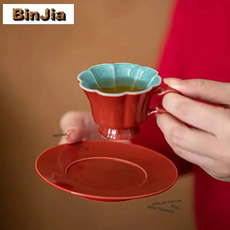55ml Palace Museum Red Pine Stone Green Petal Mug Ancient Coffee Cup Mug With Plate Tea Maker Office Water Cup Teaset Decoration
