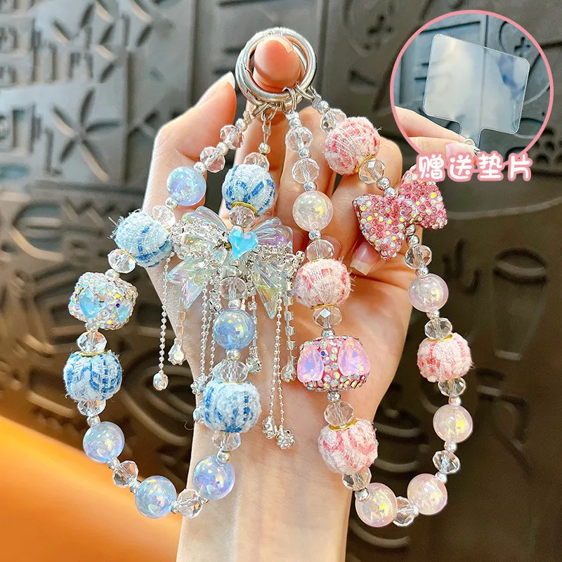 2025 Trendy Sweet Beaded Phone Lanyard Ins Style Bow Beads Cellphone Charm Anti Lost Wristband Mobile Phone Chain Camera Pendant