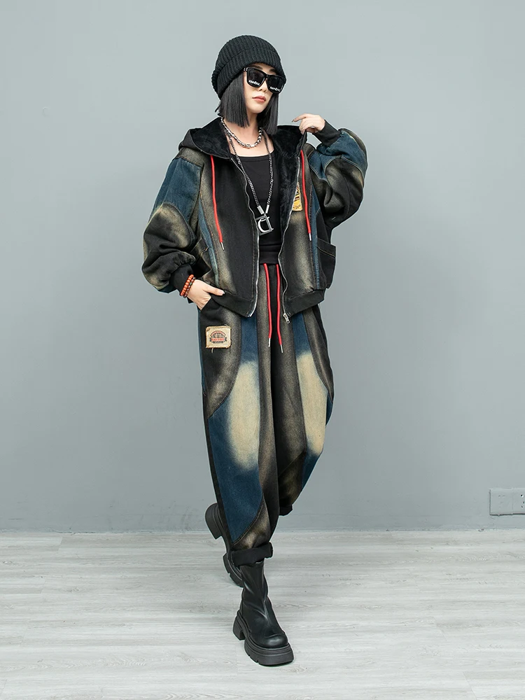 Personalized Fashion Pant Set Women 2024 Autumn Winter Fleece Hooded Denim Jacket + Harem Pants Two Piece Set LX2392