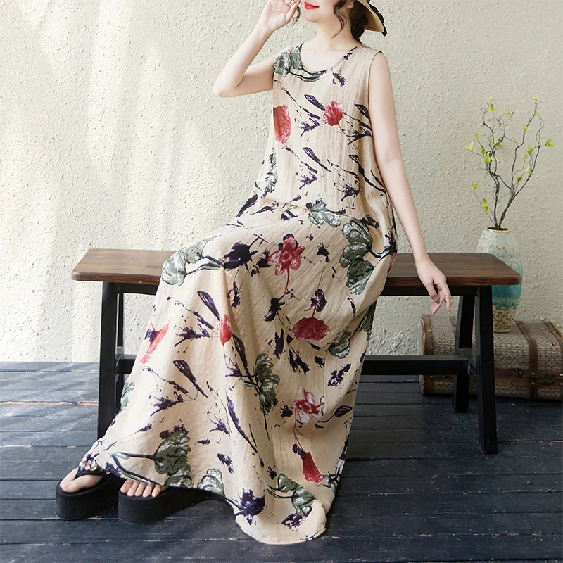 

Summer Soft Cotton Linen Svel round Ne Vest Dr Beachwear Casual Loose Fit Long Dr Women's Summer Dr