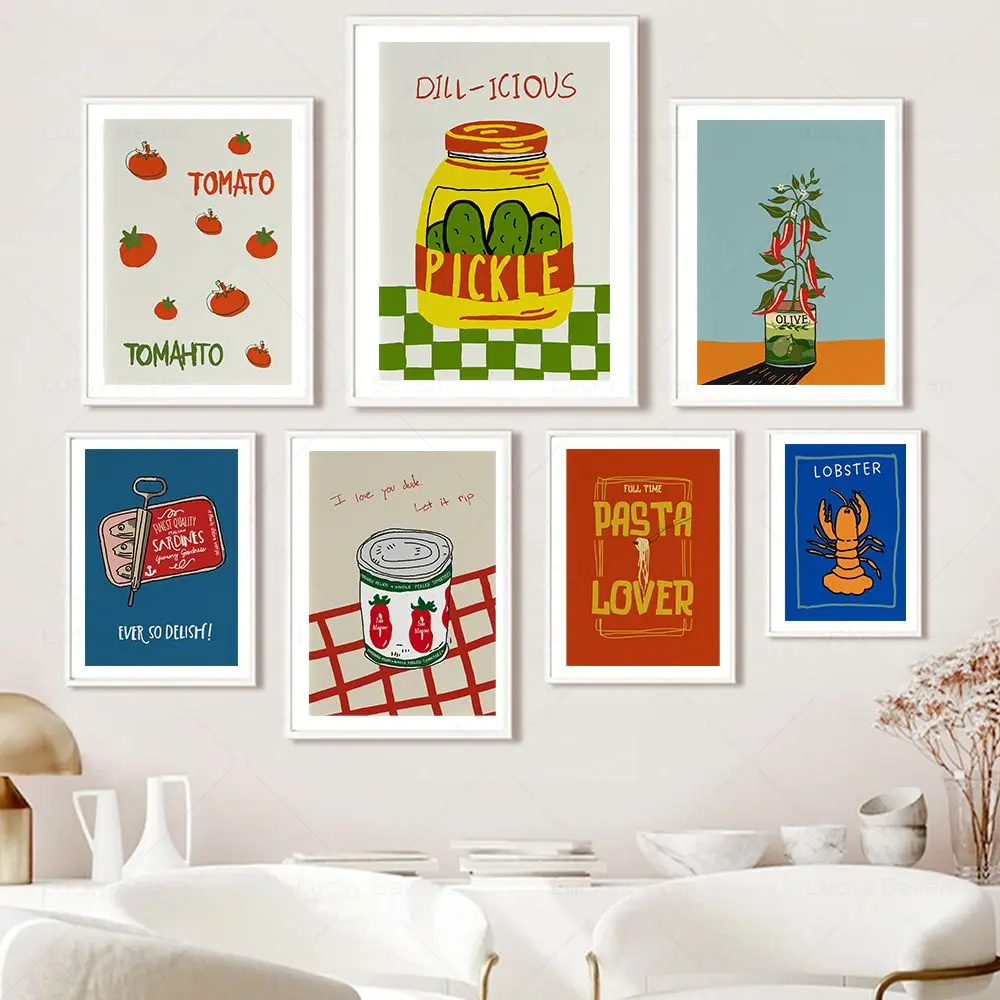 Póster abstracto moderno de sardina, tomate, Chile, Pasta, langosta, impresión de comida Funky, cuadro sobre lienzo para pared, imagen, decoración de cocina