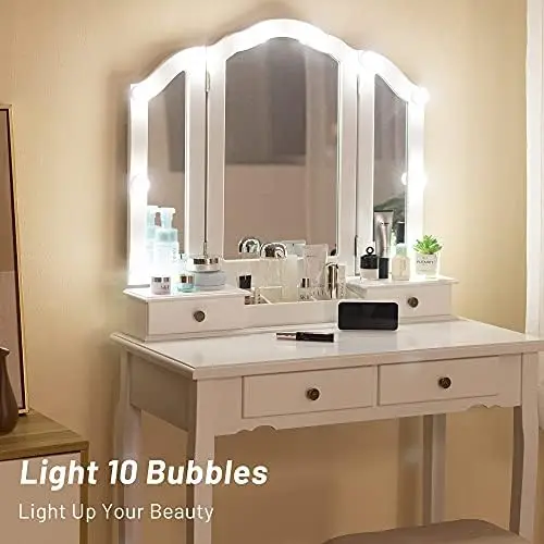 Vanity Table, Makeup Vanity Table with Lighted Mirror, Vanity Set with Padded Stool, Tri-Fold Bedroom Vanity, 4 Drawers, 2 Brush