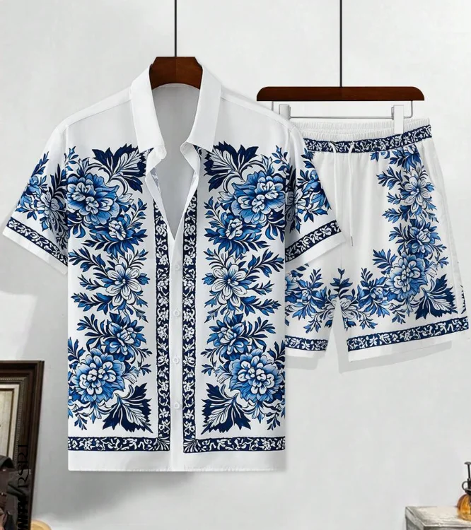 Hawaiian Shirt Set Men 3D Printed Blue And White Porcelain Pattern Summer Fashion Casual Daily Oversized Shirt+shorts 2piece Set