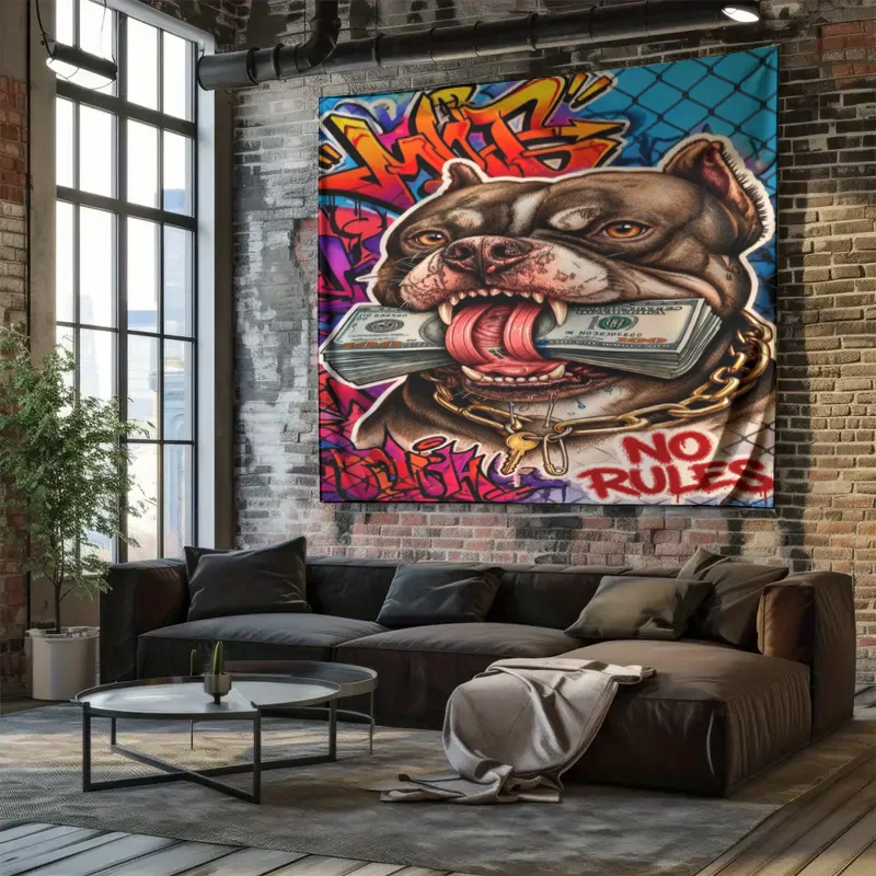 Graffiti Pitbull Dog Tapestry Wall Art Hanging Pop Culture Street Style Money Decor Print Modern Living Room House Decor - view 5