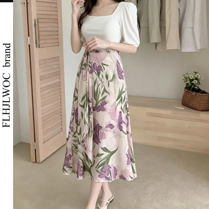 Cute Wrap-Up One-Piece Skirts FLHJLWOC Women's Holiday Bohemian Style Vacation Beach Bodycon Lace-Up Ruffle Floral Chiffon Skirt