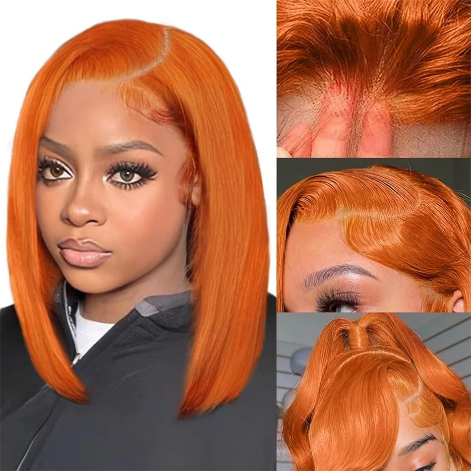 13x4レースフロントショートボブウィッグ350ジンジャーオレンジカラーストレート透明レースフロントウィッグ人毛黒人女性用12インチ