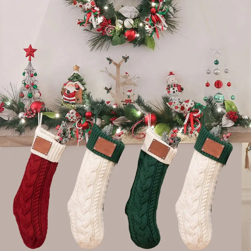 Elegant Stitching Stocking Personalized Christmas Stocking Knitted Christmas Stocking with Faux Leather Patches Festive for Tree