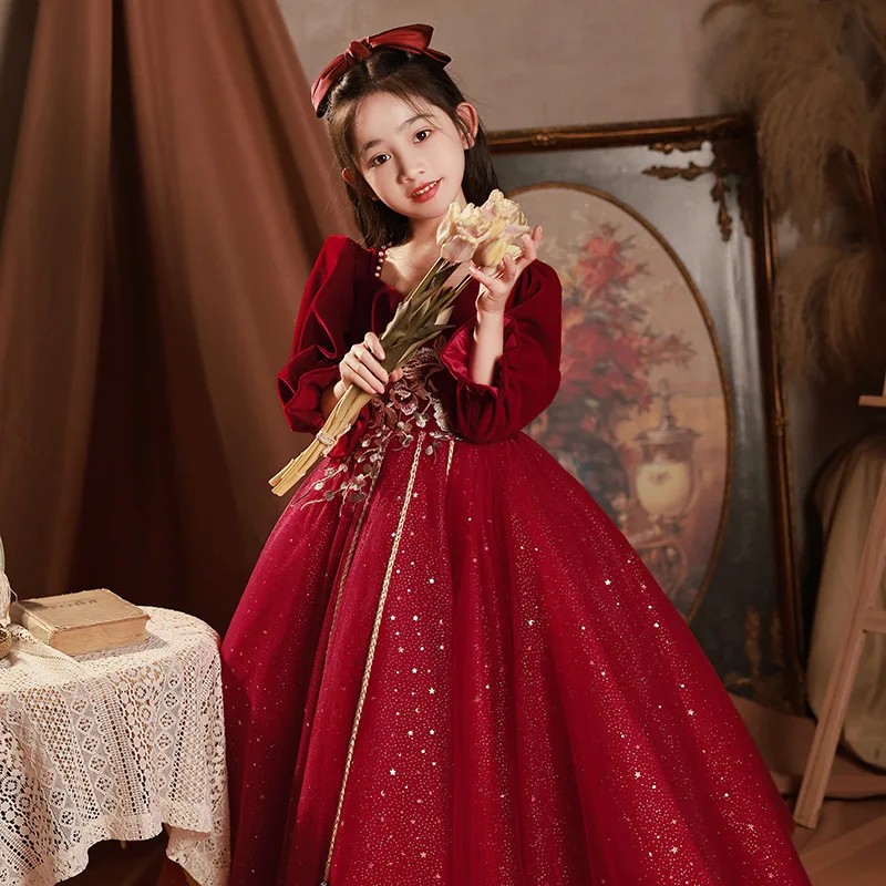 

Red Dress for Girls High-End Princess Dress Children's Host Flower Girl Wedding Little Girl Piano Performance Dress Autumn Winte