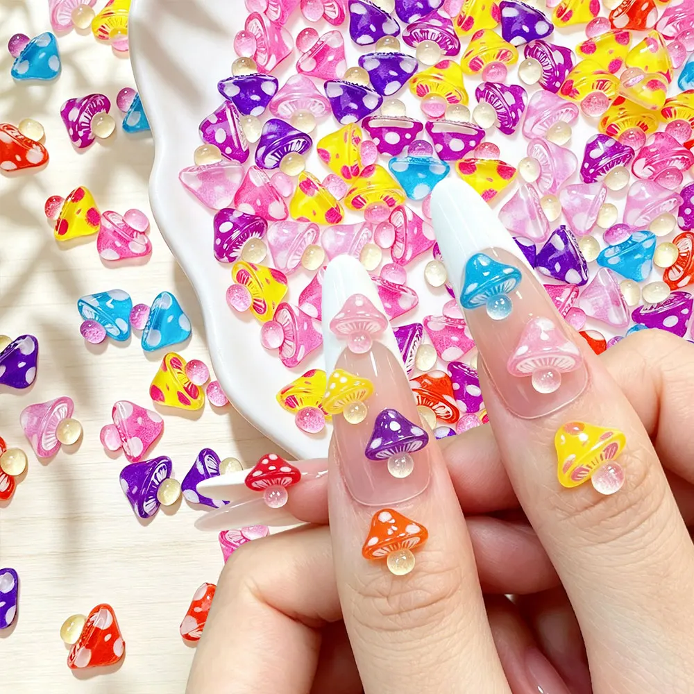 50pcs Kawaii 3D Transparent Dotted Mushroom Nail Charms Multicolor Mini Resin Mushroom Nail Decor Kawaii Cartoon Nail Supplies