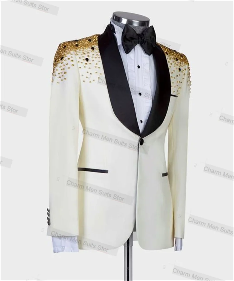 Golden Beaded Men Suits Set 2 Piece White Blazer+Black Pants Custom Made Jacket Office Business Groom Wedding Tuxedo Coat