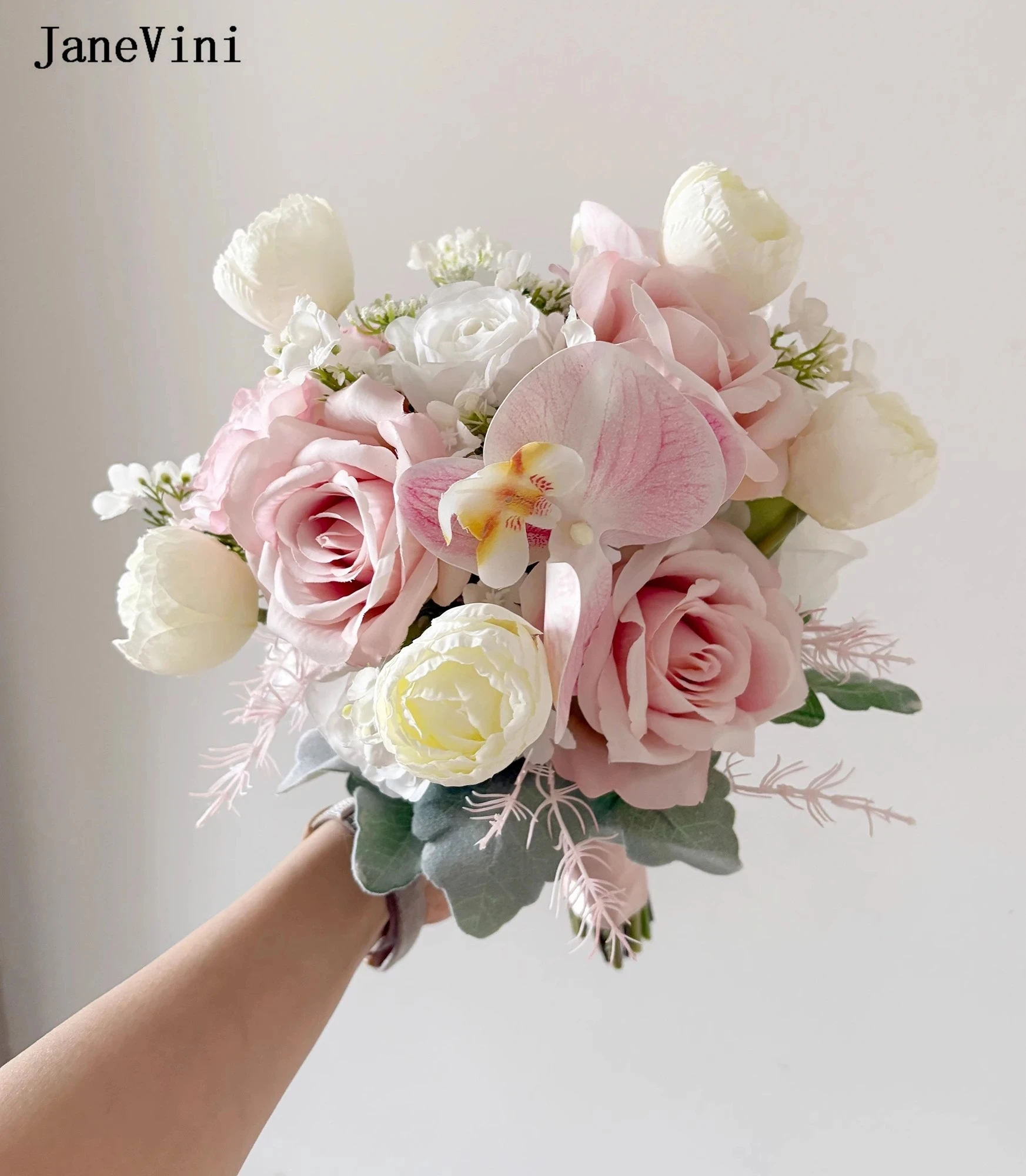 

JaneVini Spring Light Pink Bridal Rose Bouquet Artificial Wedding Flowers Bride Bouquet De Fleur Artificielle Wedding Accessory