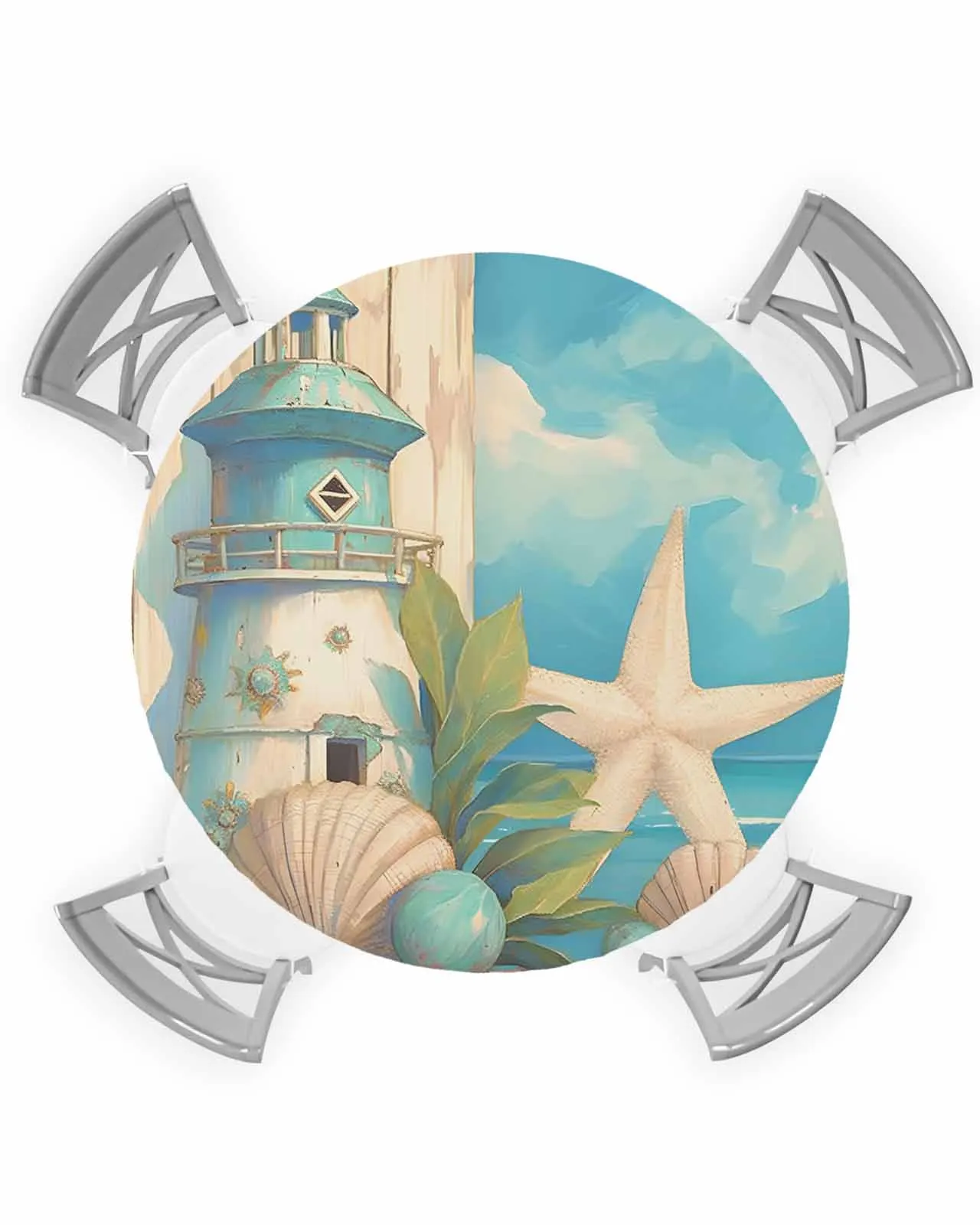 Lighthouse Starfish Shell Round Elastic Edged Table Cover Protector Cloth Waterproof Fitted Tablecloth