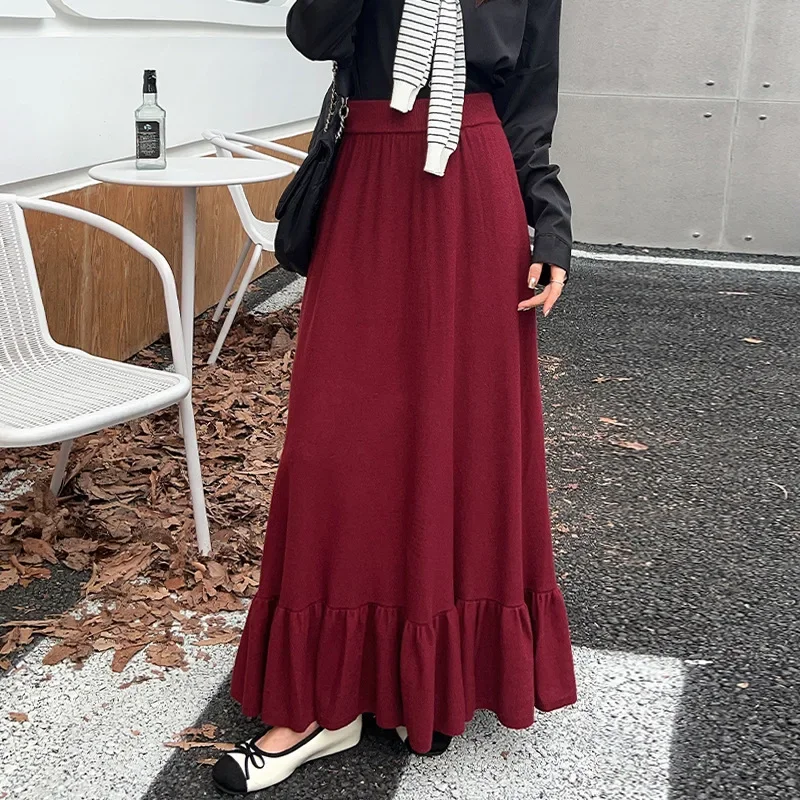 

232012, осенне-зимняя модная плиссированная длинная юбка, женская юбка с эластичной резинкой на талии и рюшами по подолу, французская элегантная женская юбка макси с высокой талией