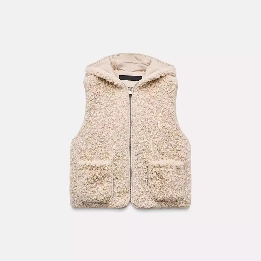 

Autumn Winter New Arrival Women's Gentle Hooded Svel Lamb Fur Fce Vest Jaet Versatile Zipper Closure Other Material