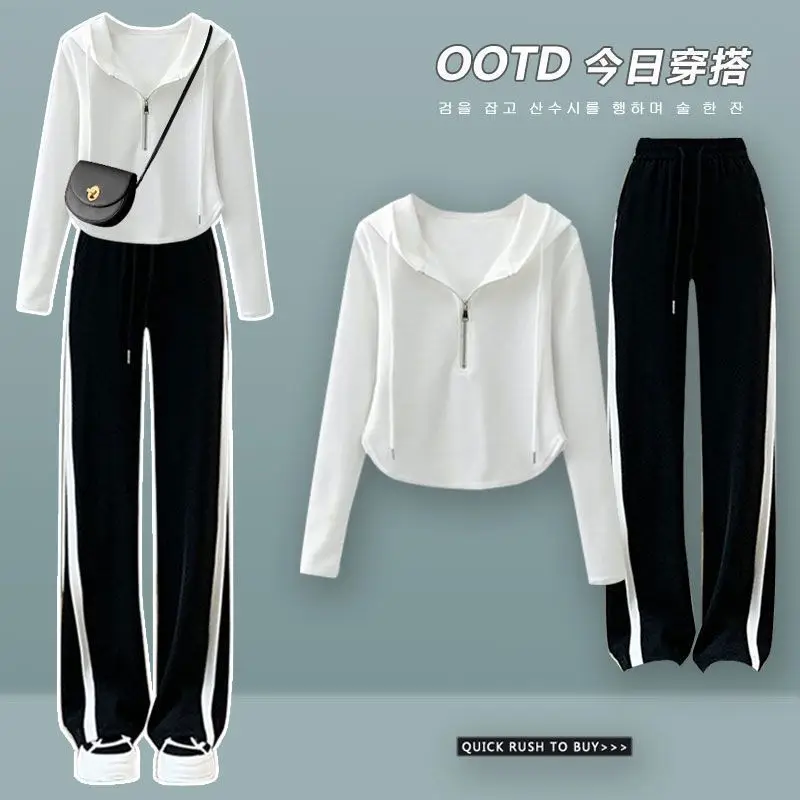 Fall Two-piece Set Female New Chic Casual Sports Thin Section Zipper Sweater + Casual Wide-legged Pants Two-piece Tide