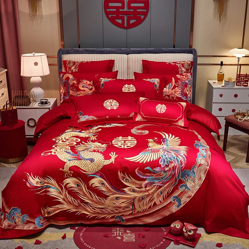 Luxury Chinese Wedding Gold Dragon Phoenix Embroidery Red Egyptian Cotton Bedding Sets Duvet Cover Bed Sheet Linen Pillowcases