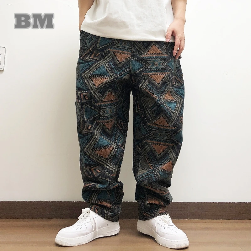 High Quality Ethnic Style Casual Baggy Pants For Men Streetwear Geometric Pattern Denim Skateboard Pants Hip Hop Trendy Trousers