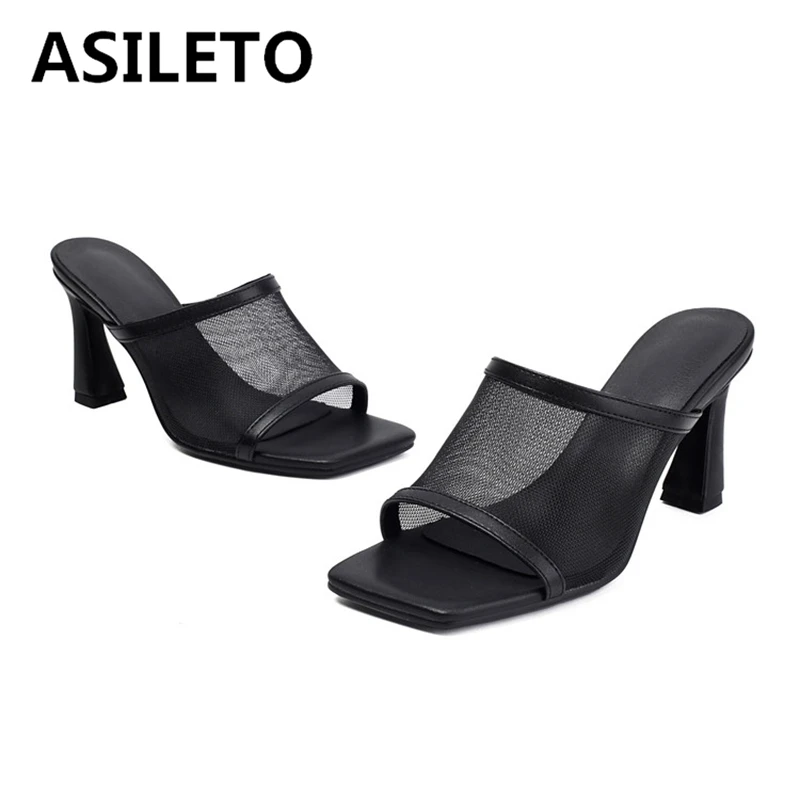 

ASILETO 2025 New Summer Fashion Female Sandals Mules Peep Toe High Heels 8cm Mesh Big Size Black Apricot 44 46 48 US17 Party