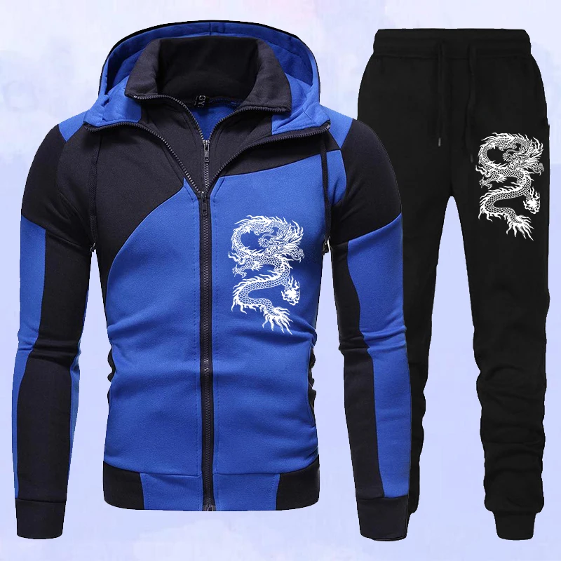 New Fashion Dragon Printed Mens Tracksuit Set Zipper Hoodie Suits Two Pieces Set Jogging Suits Sports Wear