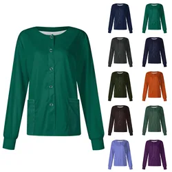 Women Long Sleeve Nurse Uniforms With Pockets Causal Round Collar Solid Single-Breasted Protective Overalls Cardigan Jackets Top