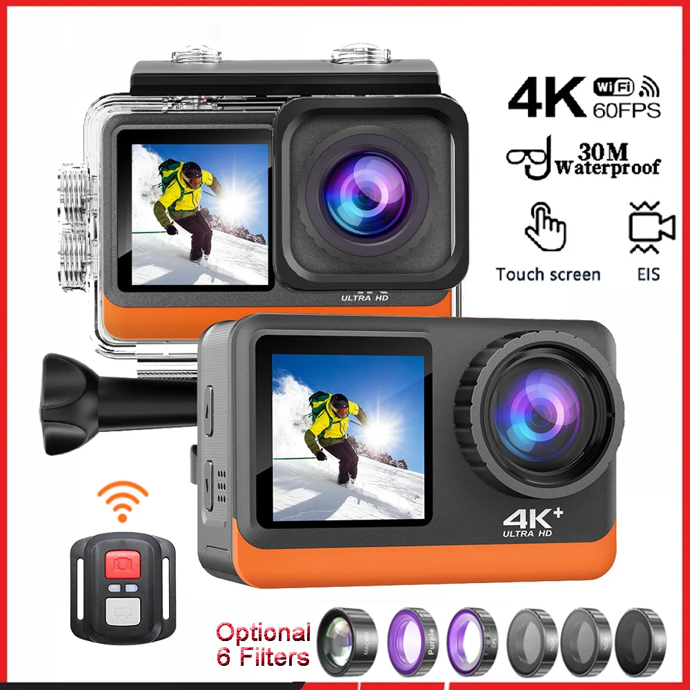 

2" Touch IPS Dual Screen Action Camera 4K60FPS 24MP DVR Wi-Fi 170D EIS Optional Filter 1080P Webcam Underwater 30M Sport Cam