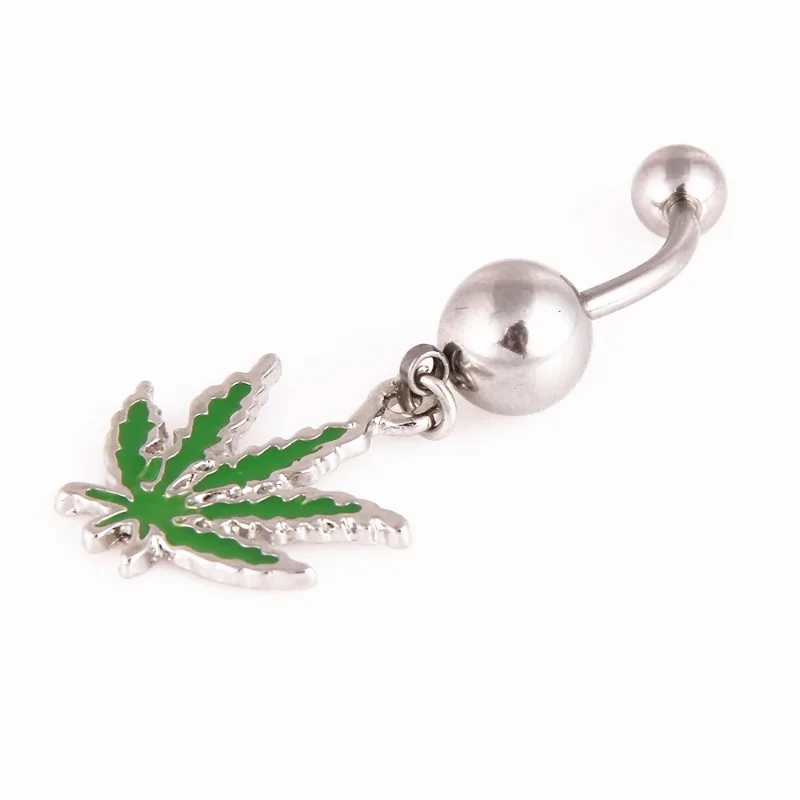 316L Stainless Steel Leaf Belly Button Ring for Women, Green Maple Leaf Dangle Belly Rings Barbell Navel Body Piercing Jewelry