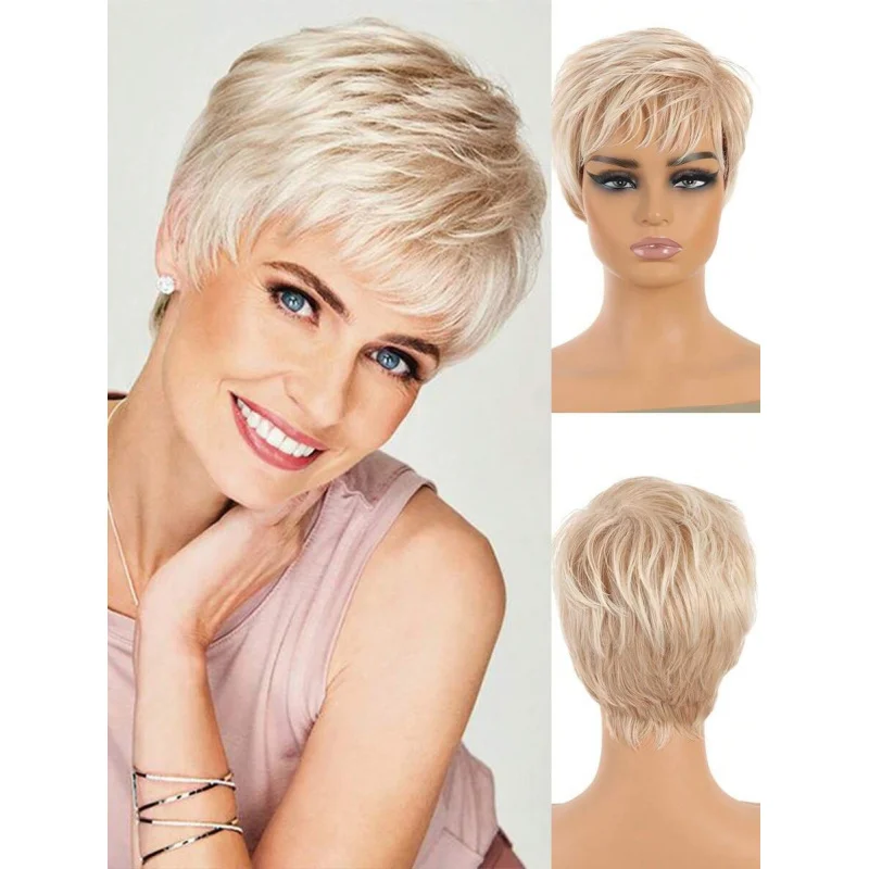 

Женский короткий парик из синтетических волос платинового блонда с эффектом омбре, пушистый, естественный ежедневный цвет волос