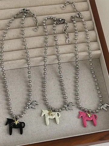 LATS White Black Green Blue Pink Color Enamel Colt Horse Pendant Necklaces for Women Silver Plated Alloy Beads Chain Chokers