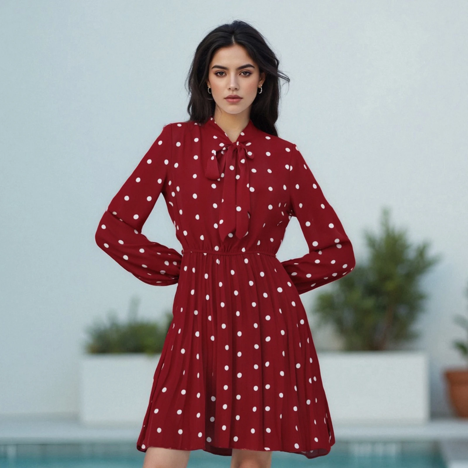 Nuove donne di moda autunno abito al ginocchio manica lunga allacciatura stampa a pois abito camicia in vita smock vendita calda S-XL