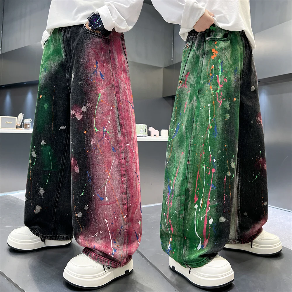 New Stylish Kids Children Hip Hop Jeans with Drawings for Teenage Boy Loose Straight Graffiti Denim Pants Fashion Stage Trousers
