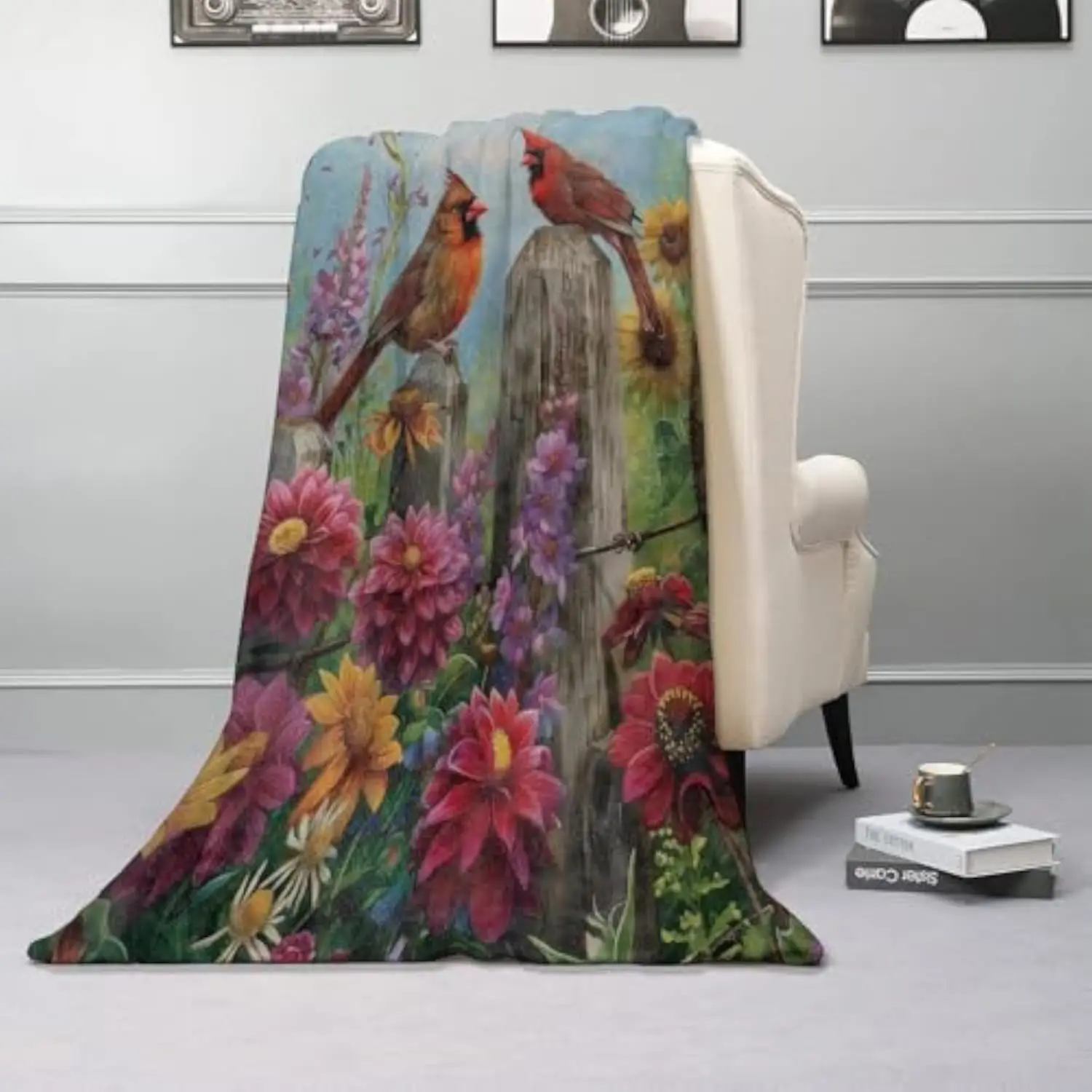 Cute Cardinal Blanket Soft Cozy Warm Flannel Throw with Colorful Flower Lightweight Plush Blankets for Travel Sofa