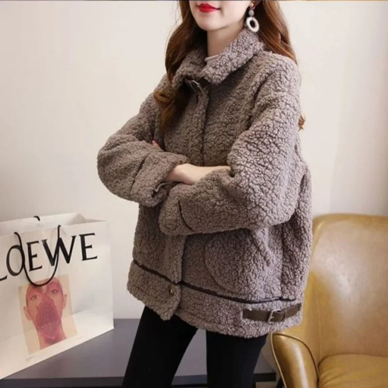 Women Autumn Winter Lamb Wool Faux Fur Thick Plush Warm Cardigan Coat Female Oversized Long Sleeve Turn-down Collar Outerwear