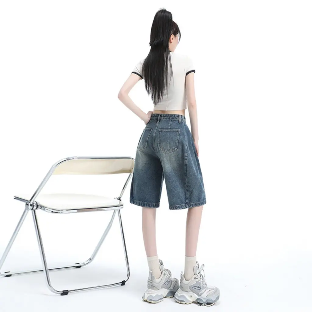 

Women's High-Waist Wide-Leg Jeans American Vintage Washed Five-Point Summer Loose Casual All-Match Mid-Length Pear-Shaped Pants