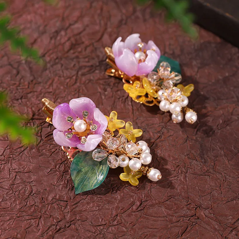 

2pcs Flower Hairpins Fairy Floral Designs Pearls Hairclips Headwear Women Girls Hanfu Dress Headdress Hair Jewelry Accessories