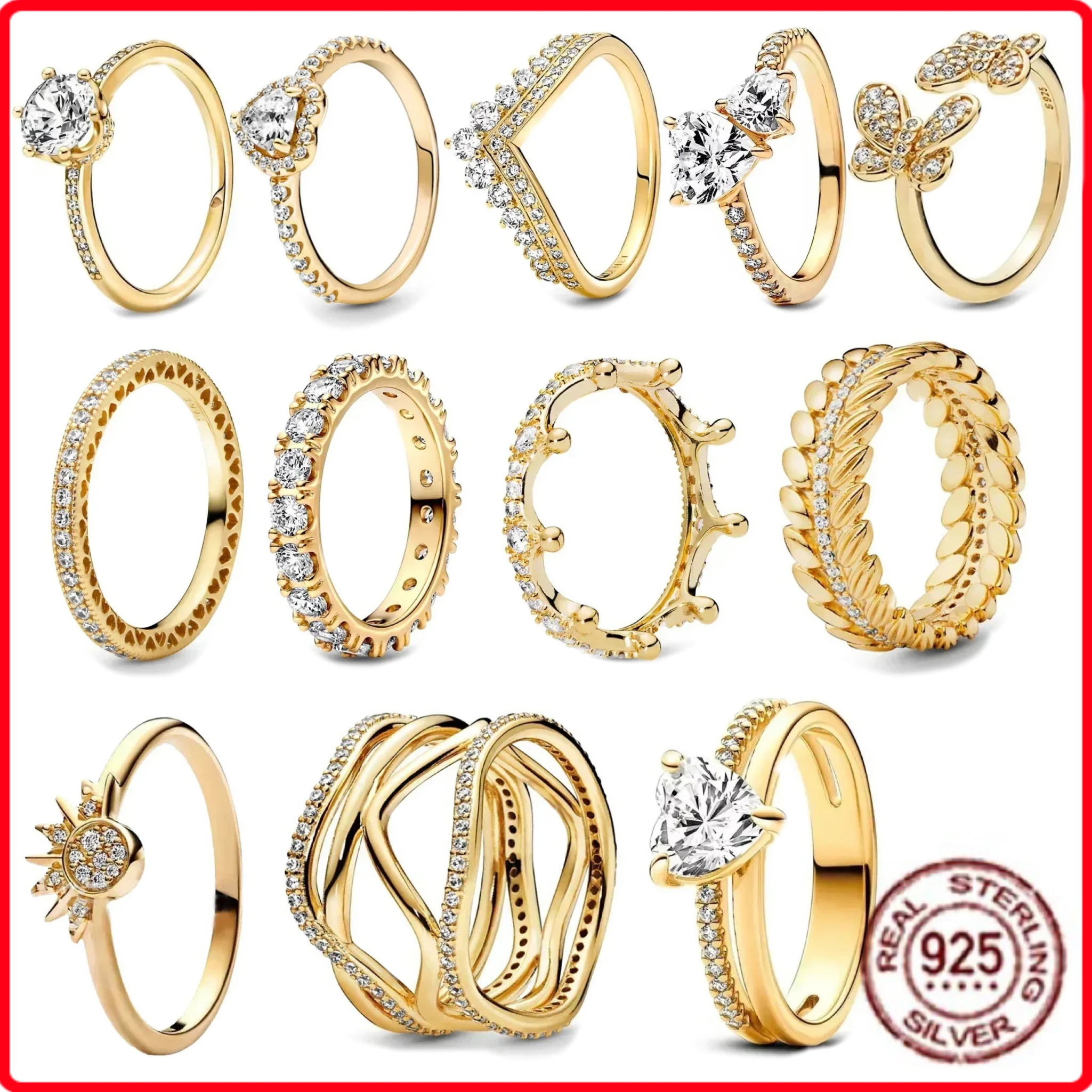 

Best-selling Gold-tone Series 925 Sterling Silver Elegant Classic Heart-shaped Crown Ring Luxurious Charm Jewelry Holiday Presen