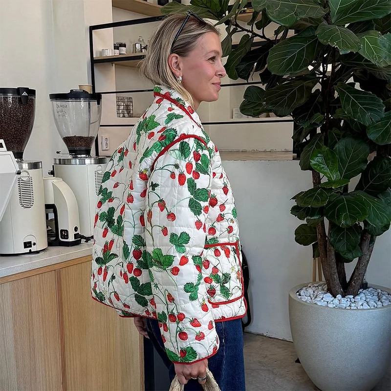 

Printed Cotton Padded Short Coat Women Single Breasted Colorful Fashion Long Sleeve Lapel Loose Pocket Jacket 2025 Winter Top