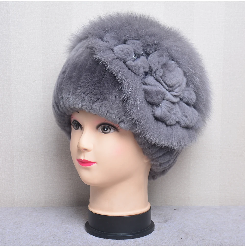 

New Luxury Women Fur Hat For Winter Natural Rex Rabbit Fox Fur Cap Russian Female Fur Headgear Bomber Hat Brand Warm Beanies Cap