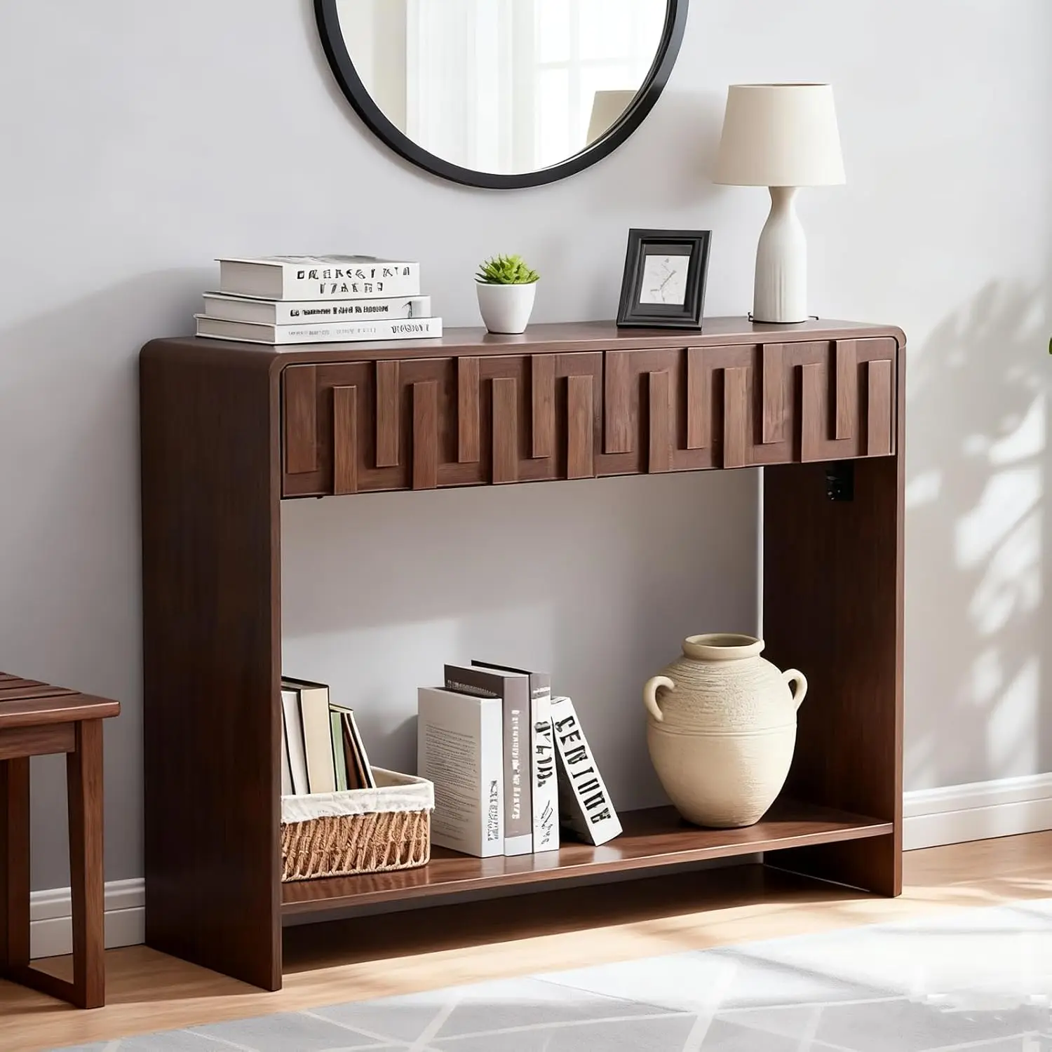 

Walnut Console Sofa Table Mid-Century Narrow Entryway Storage Shelf 43in Living Room, Customized