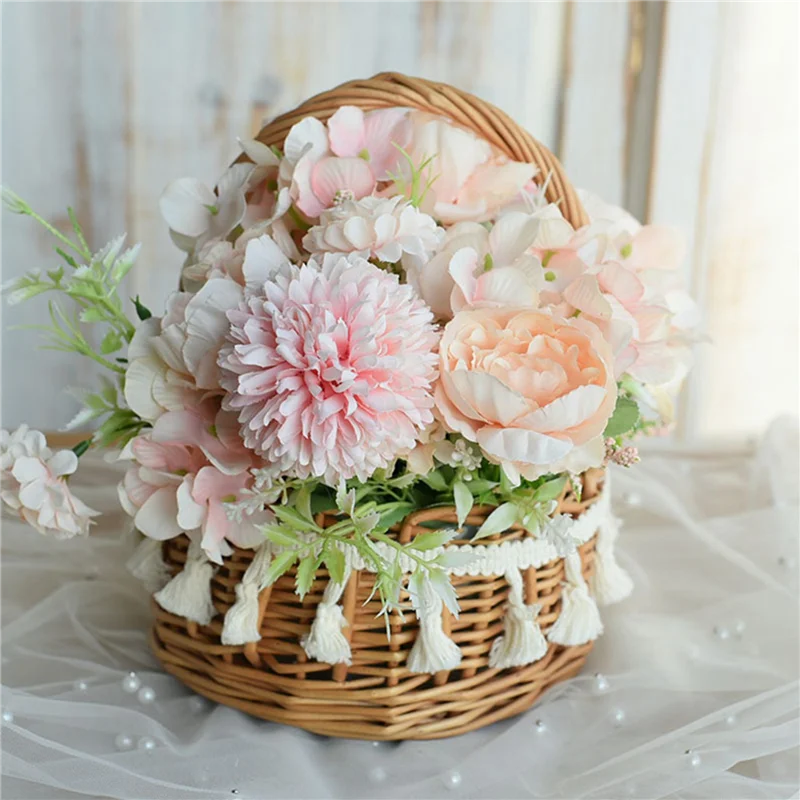 

BYBS-3X Woven Storage Basket And Ribbon Wedding Flower Girl Baskets Wicker Rattan Flower Basket For Home Garden Decor