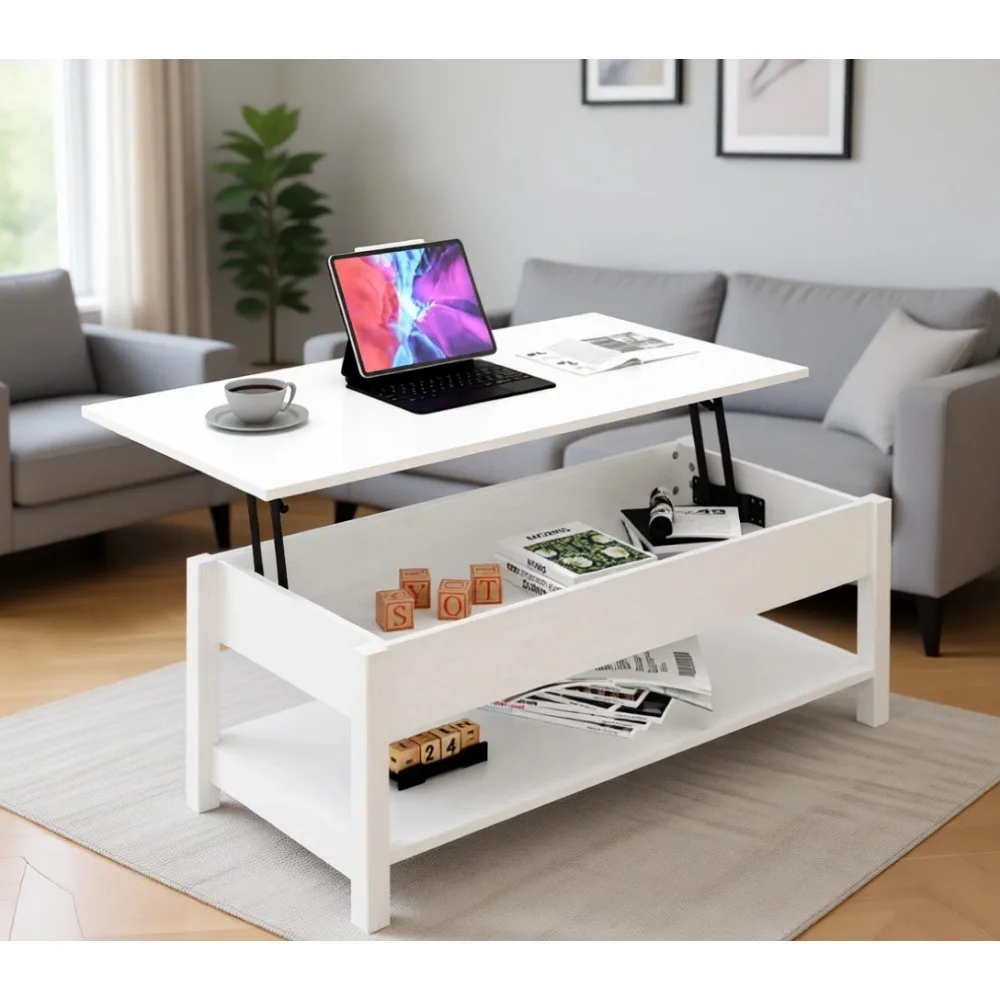 

Журнальный столик с подъемной столешницей, скрытым хранилищем и открытой полкой, белый