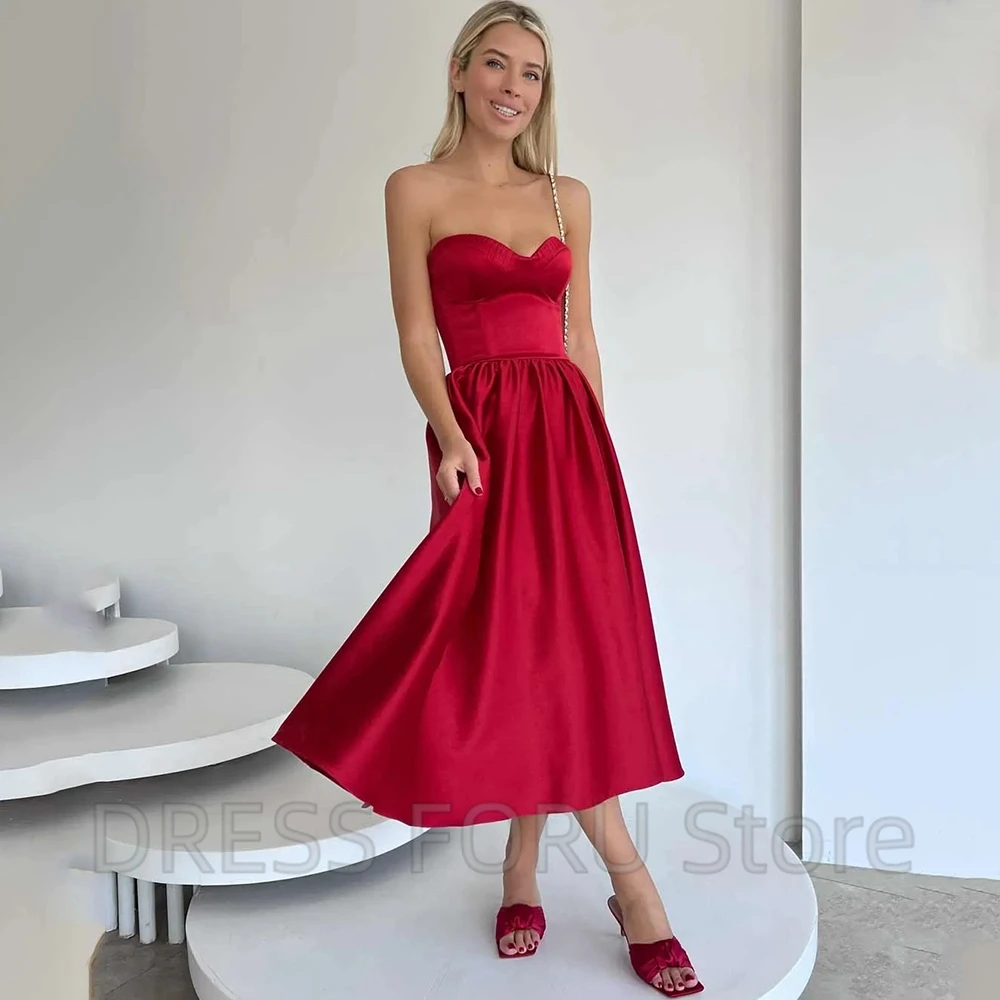 Strapless querida vermelho vestido de noite sexy a linha aberta para trás chá-comprimento festa feminina banquete feito sob encomenda cetim vestidos com zíper