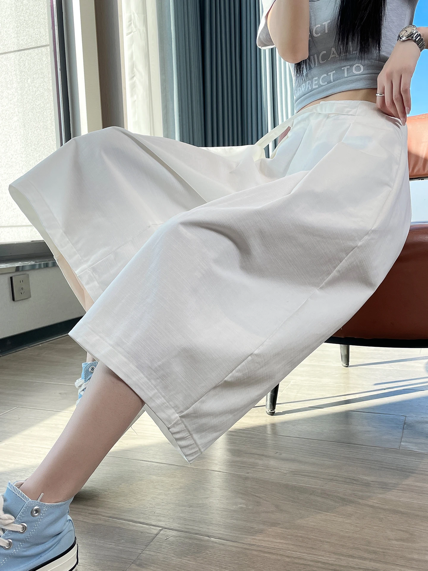 Quick Dry Wide Leg Pants Women's Cotton Washed White Seven-Foot Straight Cut Casual Trousers Spring Summer Lightweight