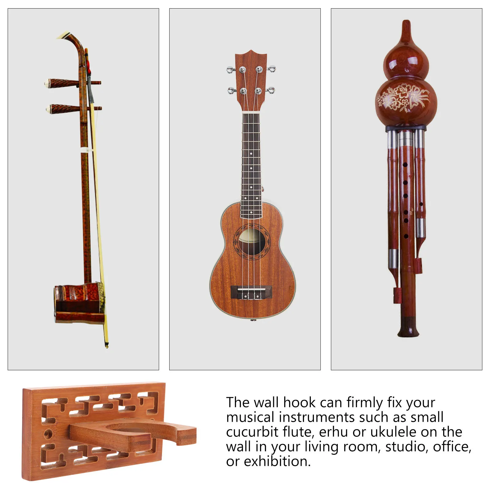 

1Set Wooden Cucurbit Flute Erhu Ukulele Wall Hook Brown Home Decor Safe Storage Musical Instrument Hanger Cucurbit Flute Hook