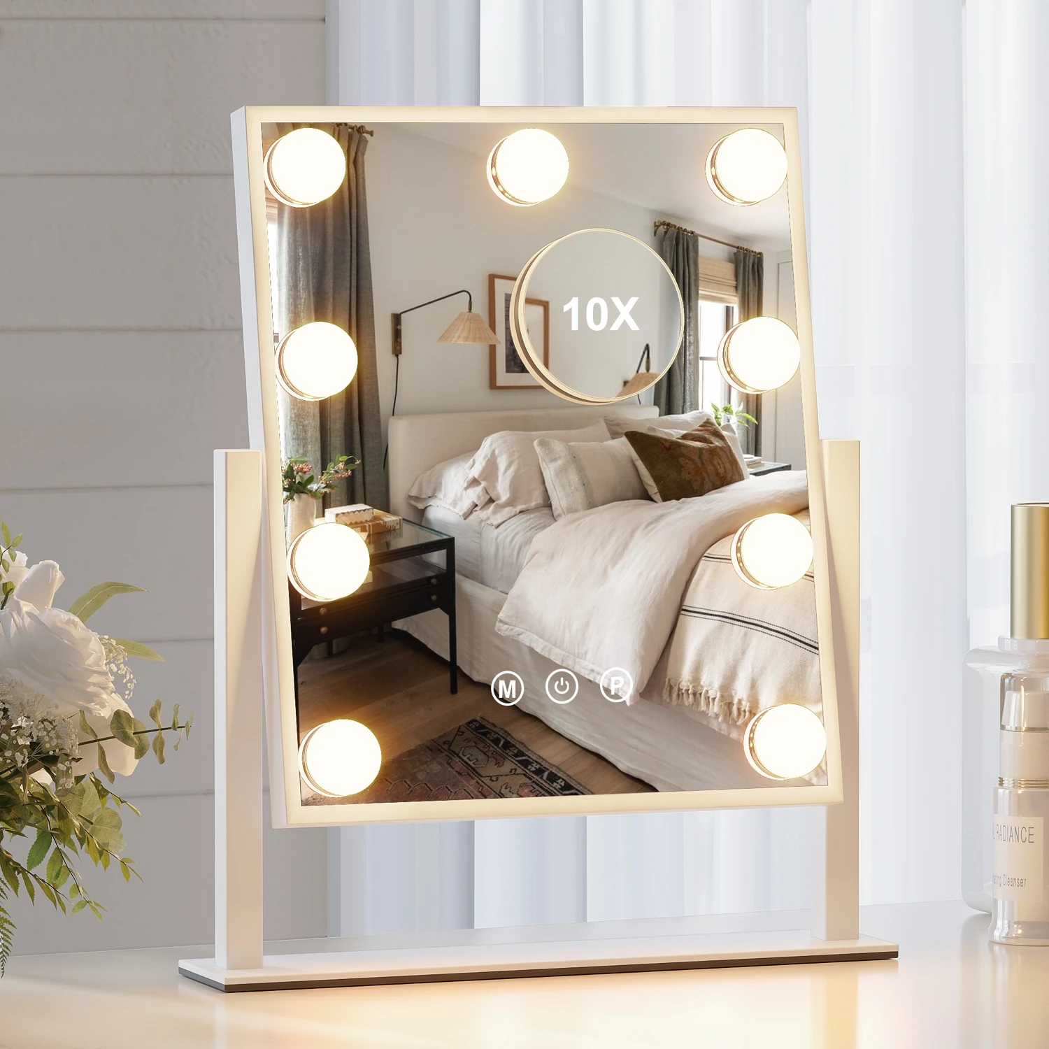 Stylish JFOSUP Lighted Vanity Mirror with 10X Magnification, Smart Dimmable Lights and 360° Rotation, Perfect Makeup Mirror for