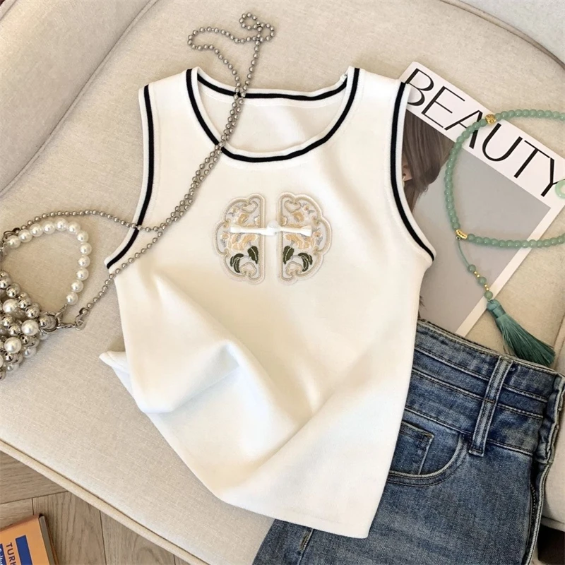Women Clothing 2024 Summer Chinese Style Embroidery Vintage Contrast Color Tank Tops Casual O Neck Sleeveless Slim Knitted Vest